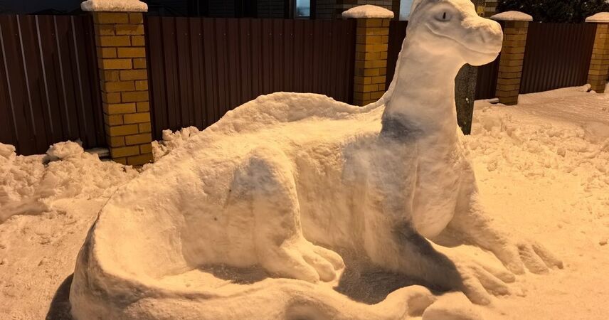 В Столинском районе слепили снеговика высотой 4,5 метра и дракона