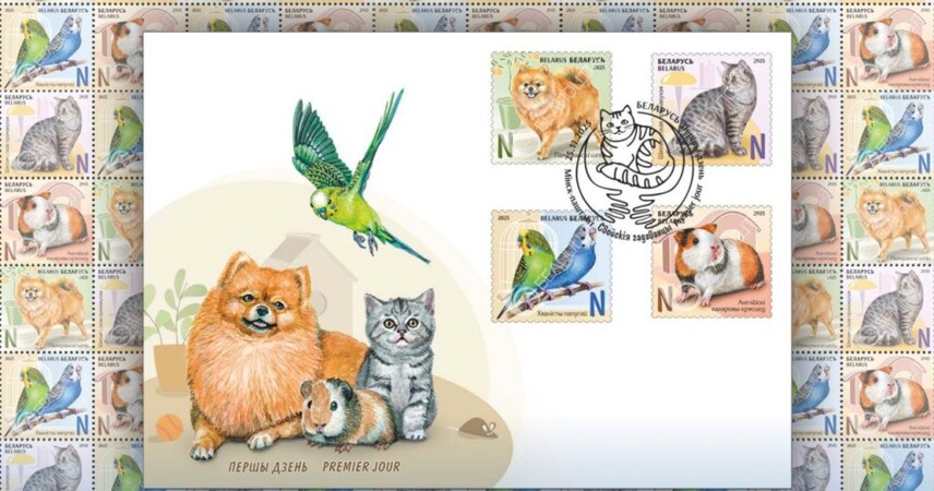 Шпиц, кошка, хомяк и попугай: Белпочта выпустила новые почтовые марки «Домашние питомцы»