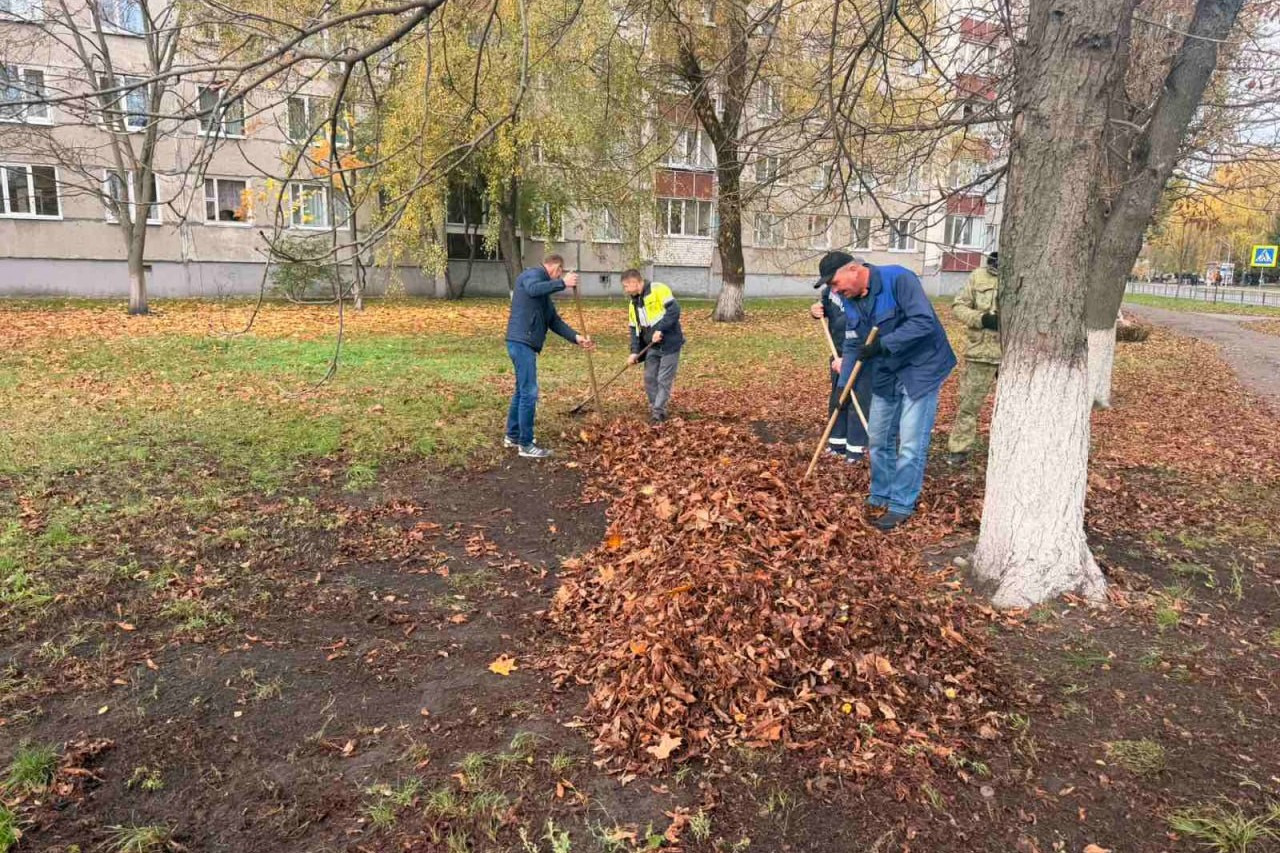 В Пинске ЖРЭУ, студенты и трудовые коллективы убирают опавшую листву