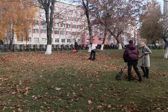 В Пинске ЖРЭУ, студенты и трудовые коллективы убирают опавшую листву