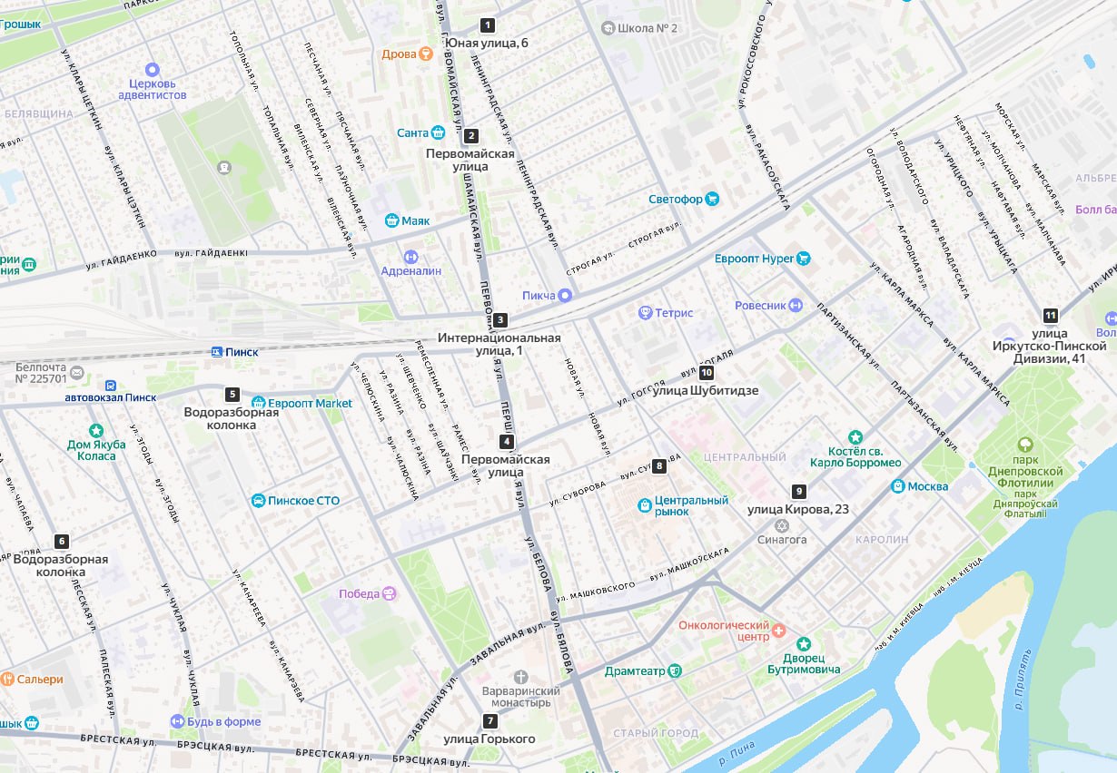 Карта где в Пинске в районе водозабора Пина-1 находятся колонки с питьевой водой