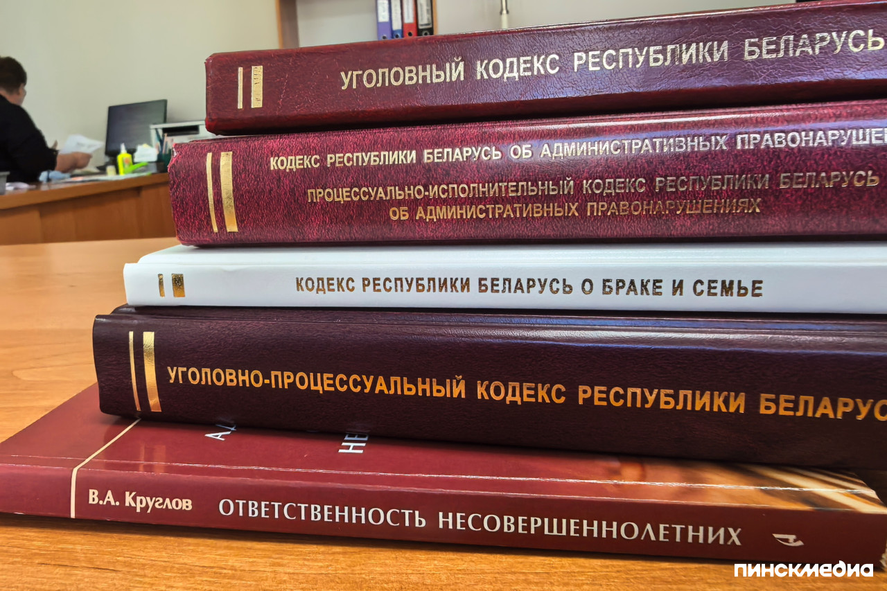 Стопка юридической литературы, кодексов Республики Беларусь и книг по профилактике правонарушений на столе в кабинете ИДН.